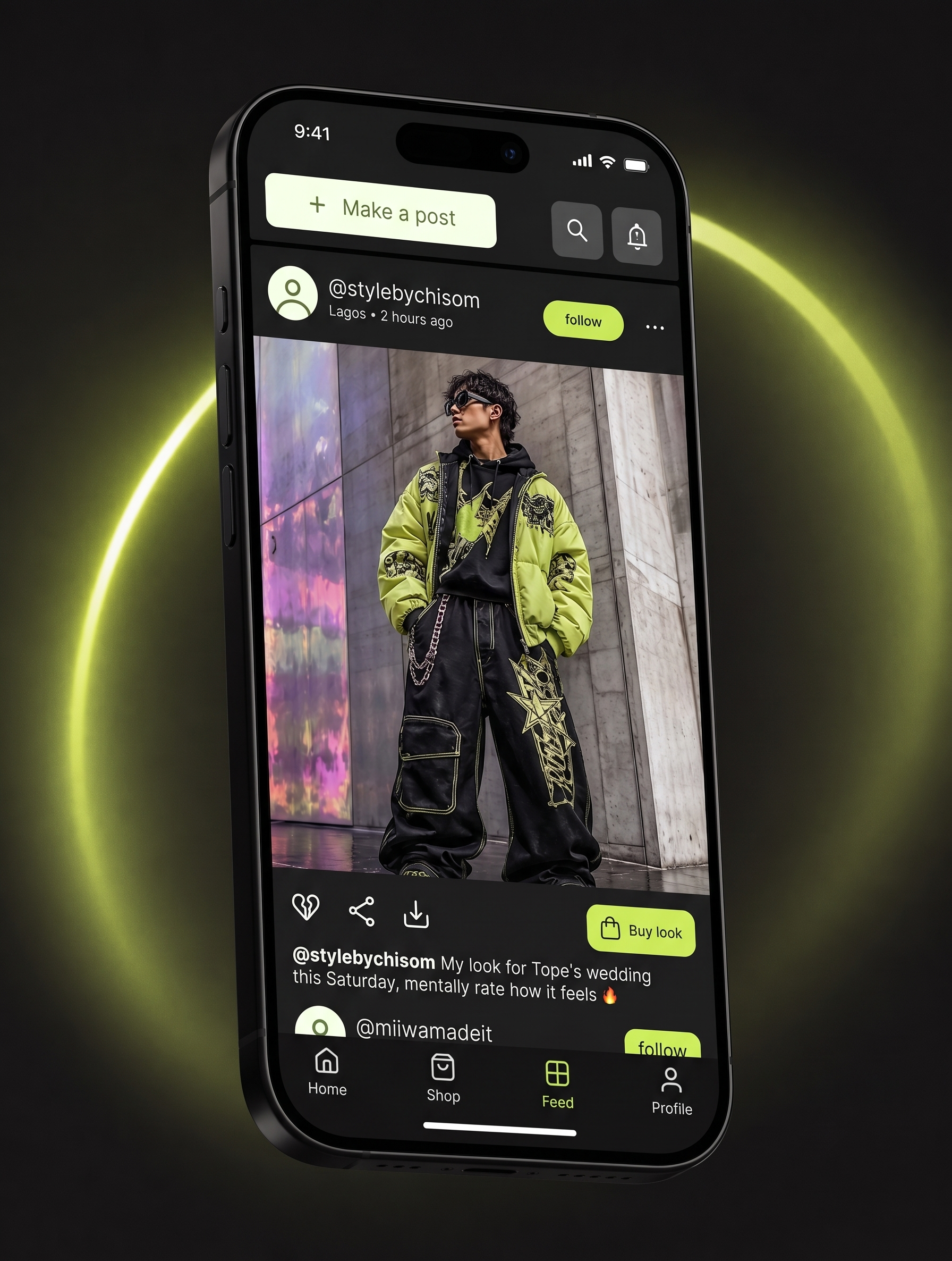 The Kovva app showing an outfit post in the fashion feed with a Buy look button