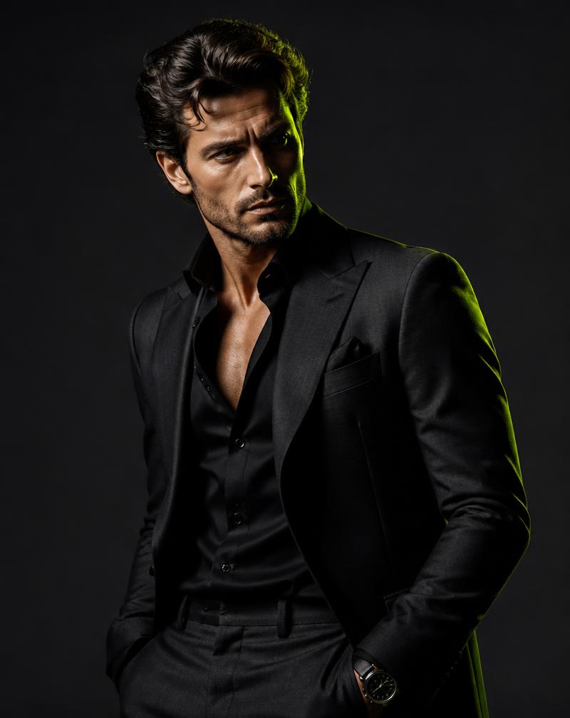 Sharply tailored dark suit with an open collar